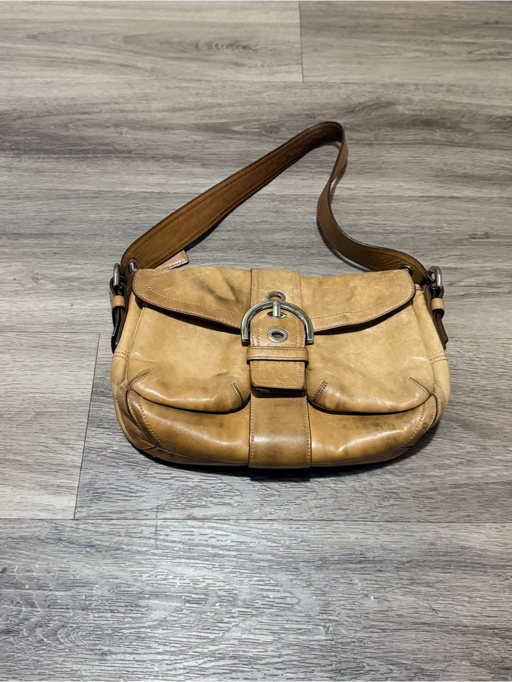 Coach Tan Leather Shoulder Bag with Front Buckle